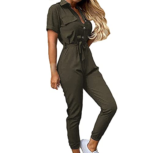 KUFV Women Overalls Patchwork Button Shirt Jumpsuit Elegant Office Lady Romper Belt