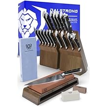 DALSTRONG 18-piece Gladiator Series Knife Block & Whetstone Grit Set - German HC Steel Blades - Acacia Wood Stand - White ABS Handles - NSF Certificate - Premium Corundum Thick Sharpening Stones