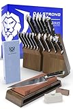 DALSTRONG 18-piece Gladiator Series Knife Block & Whetstone Grit Set - German HC Steel Blades - Acacia Wood Stand - White ABS Handles - NSF Certificate - Premium Corundum Thick Sharpening Stones