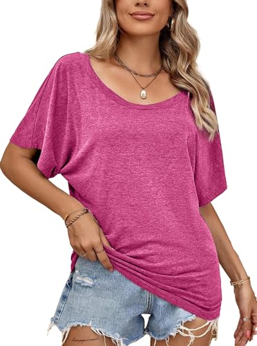 Image of Hilinker Womens Short Batwing Sleeve T Shirt Oversized Casual Tee Hot Pink X-Large