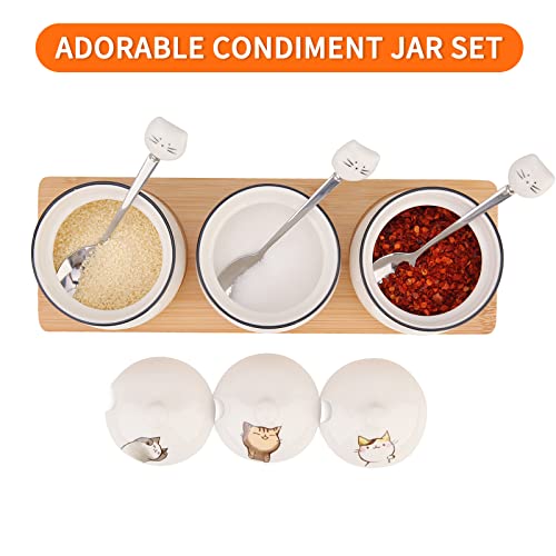 Sugar Bowls Set, Kitchenexus Condiment Jars Pots Set With Lids And Spoons Ceramic Salt Pepper Box Container, Canister Seasoning Box With Bamboo Tray 8.1 Ounce/240 Ml White #TOP2