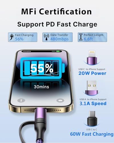 Image of 4 in 1 Charging Cable 2Pack 6.6ft 60W Fast Charging USB C Cable 20W iPhone Charger Cord Lightning Cable Multi Charging Cable with Lightning /Type C /USB A Port for iPhone 16 15 14 /Samsung /iPad /MacBook