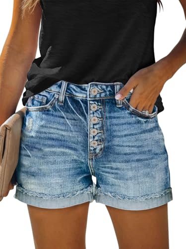 Womens Denim Shorts Casual Stylish Button Fly Shorts Mid Waisted Boyfriend Summer Ripped Shorts Light Blue L