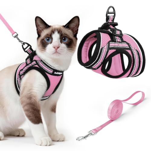 Image of rabbitgoo Cat Harness and Leash Set, Step-in Soft Vest, Pink | Escape Proof, Lightweight, Easy-on & Adjustable, Hook & Loop with Buckle, Reflective, for Small Cats Walks, L