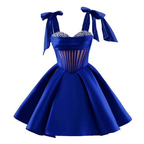 A Line Satin Short Homecoming Dress for Teens, Straps Bead Party Prom Cockail Dress for Women with Bow