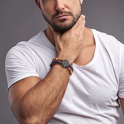 Image of Men's Bracelet Leather with Compass, Braided Leather Bracelets for Men Magnetic Clasp 7.5 /8.5 /9.5 inch Gift for Husband Boyfriend Father