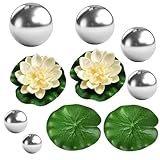 EVBOTGEE 10 PCS Teich Deko Set, Edelstahl Spiegelkugel Gartenkugeln, Miniteich Komplettset, Schwimmkugeln für Miniteich, Eva Lotusblätter Dekorative, für Teich Garten Springbrunnen