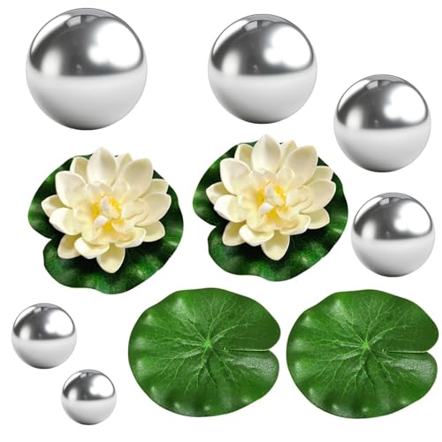 EVBOTGEE 10 PCS Teich Deko Set Edelstahl Spiegelkugel Gartenkugeln Miniteich Komplettset Schwimmkugeln für Miniteich Eva Lotusblätter Dekorative für Teich Garten Springbrunnen