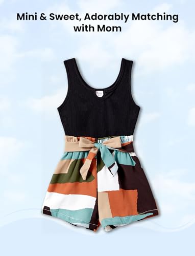 Image of PATPAT Mom and Daughter Matching Jumpsuits - Black Tank Top with Floral Wide-Leg Shorts