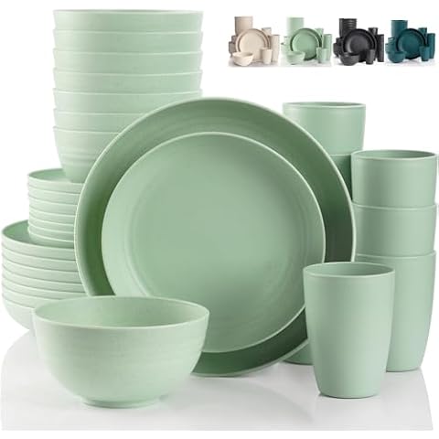 Gudvilla Wheat Straw Dinnerware Sets for 8,Camping Plates Cups and Bowls Set Green Reusable Microwave Safe Lightweight Unbreakable Plastic Dishes Set for Kids Elderly Kitchen Adults Outdoor,32 Pcs Cover