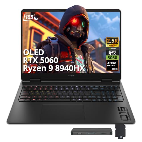 Image of HP OMEN HyperX 16 inch 2.5K 165Hz Gaming Laptop, AMD Ryzen 9 8940HX, GeForce RTX 5060 8GB GDDR7, 64GB DDR5, 5TB Storage(4TB SSD+1TB Docking Station Set), 4-Zone RGB Keyboard, Wi-Fi 7, Win 11 Pro, Black