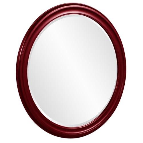 Image of Howard Elliott Collection George Round Glossy Burgundy Wall Mirror, Bevelled Vintage Hanging Wood Framed Vanity Mirrors for Home Decor, Living Room, Bathroom, Bedroom, or Hallway, 36 Inch Round