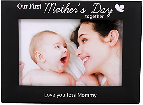 LEADEX Our First Mothers Day Together Mothers Day Gift Photo Frame Black Metal Engraved 4 by 6 Inch (horizontal 4 by 6 inch)