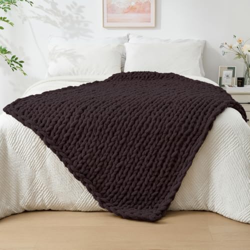 Bigacogo Chunky Knit Throw Blanket for Couch, 40x60 inches, 100% Hand Knitted with Thick Jumbo Chenille Yarn, Cozy Soft Large Rope Knot Cable Crochet Blankets for Sofa Bed Living Room, Chocolate