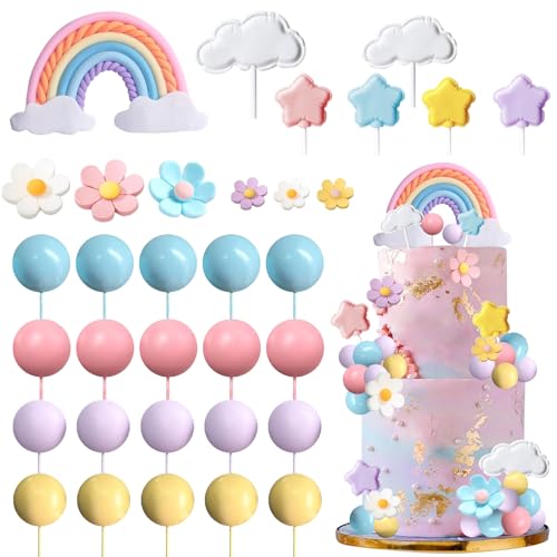 33 Piezas Adornos para Tartas de Cumpleaños, Bolas Cake Topper, Flores de Decoración de Tartas, Estrellas Decoración Tarta Arcoiris, Nubes Decoración para Tartas, para Cumpleaños, Baby Shower, Boda