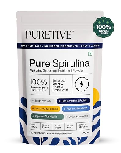 Puretive Spirulina Powder | Plant Based Organic Spirulina, Natural source of Protein, Vitamins & Minerals | Supergreen Supplement For Men And Women for Weight Management & Immunity Booster | (100gms) Puretive Spirulina Powder | Plant Based Organic Spirulina, Natural source of Protein, Vitamins & Minerals | Supergreen Supplement For Men And Women for Weight Management & Immunity Booster | (100gms)