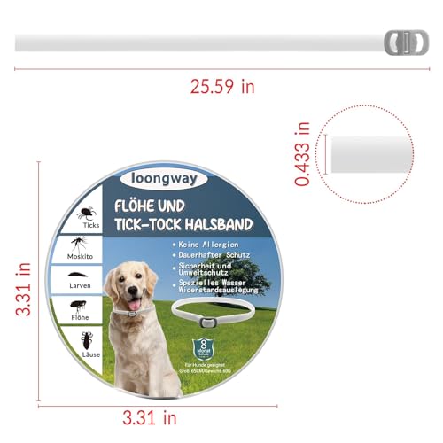 loongway Verstellbares Halsband für Hunde, natürliche und sichere Formel, sanfte Abwehrwirkung,65cm, geeignet für alle Hunde, wasserfest, Schutz bis zu 8 Monate