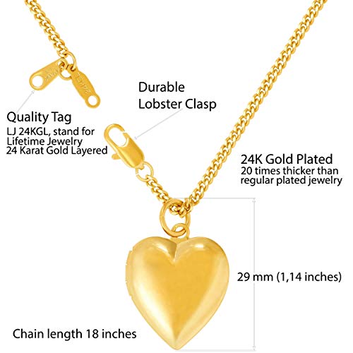 LIFETIME JEWELRY Heart Necklace Locket [ Plain Simple Gold Locket and 18 inch Chain ] 20X More 24k Plating Than Other Locket Necklace That Holds Pictures2