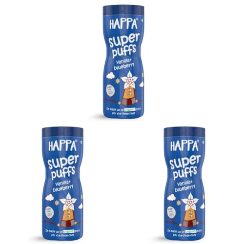 Image of Happa Organic Multigrain Strawberry & Banana Melts Super Puffs (Healthy Organic Snack for Little One, 8 Months+) Pack of 3 (40 G, Vanilla & Blueberry)