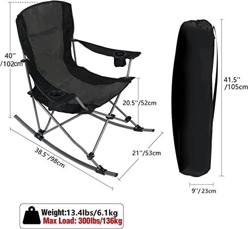 REDCAMP Folding Rocking Camping Chairs for Adults, Oversized Heavy Duty Garden Rocking Chair Portable for Outdoor Outside Patio Lawn Fishing, Black with Padded Back