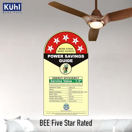 Image of KUHL Meridian M1 1200MM 65% Power Saving BLDC Ceiling Fan With Remote | BEE 5 Star Rated & ISI Marked | High Air Flow | Down Light & Reverse Mode | 5 Year Warranty on Motor | Free Installation | Teak