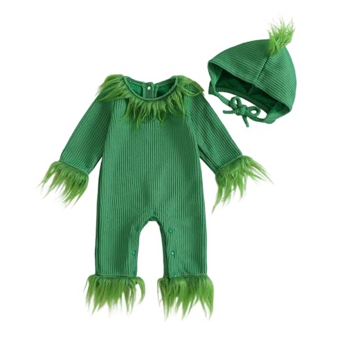 ZyHwShine Infant Baby Boy Christmas Outfit Green Furry Knit Sweater Romper Feather Cuffs Jumpsuit+ Hat Fall Winter Clothes (Green 3-6 Months)