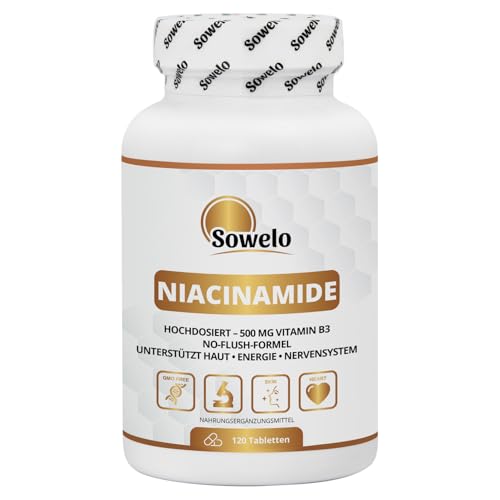 Niacinamid 500 mg 120 Tabletten Hochdosiertes Vitamin B3 Für Haut Energie & Nervensystem Flush-freie Formel Ohne unnötige Zusätze EU-Herstellung Sowelo