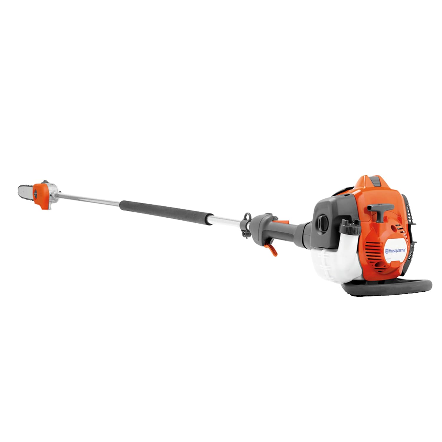 Gas-powered pole saw with long shaft, engine housing, and 12-inch guide bar for cutting tree limbs