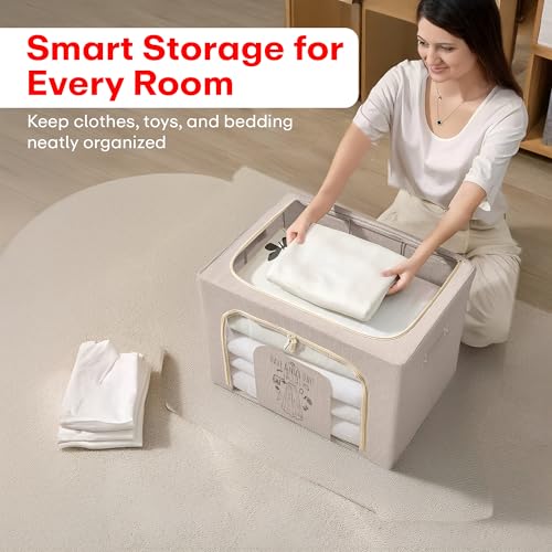 Image of Prime Pick Zip Guard Storage Box Foldable Clothes Organizer Double Zipper Lid Reinforced Handles Breathable Washable Fabric Wardrobe Closet Cupboard Space Saving Storage Bin Beige Pack of 1