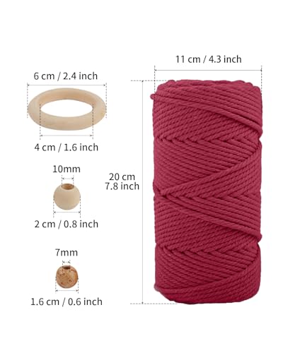 Image of ZUEXT Macrame Cord, Red Wine, 6mm x 109yds Cotton String Macrame Yarn