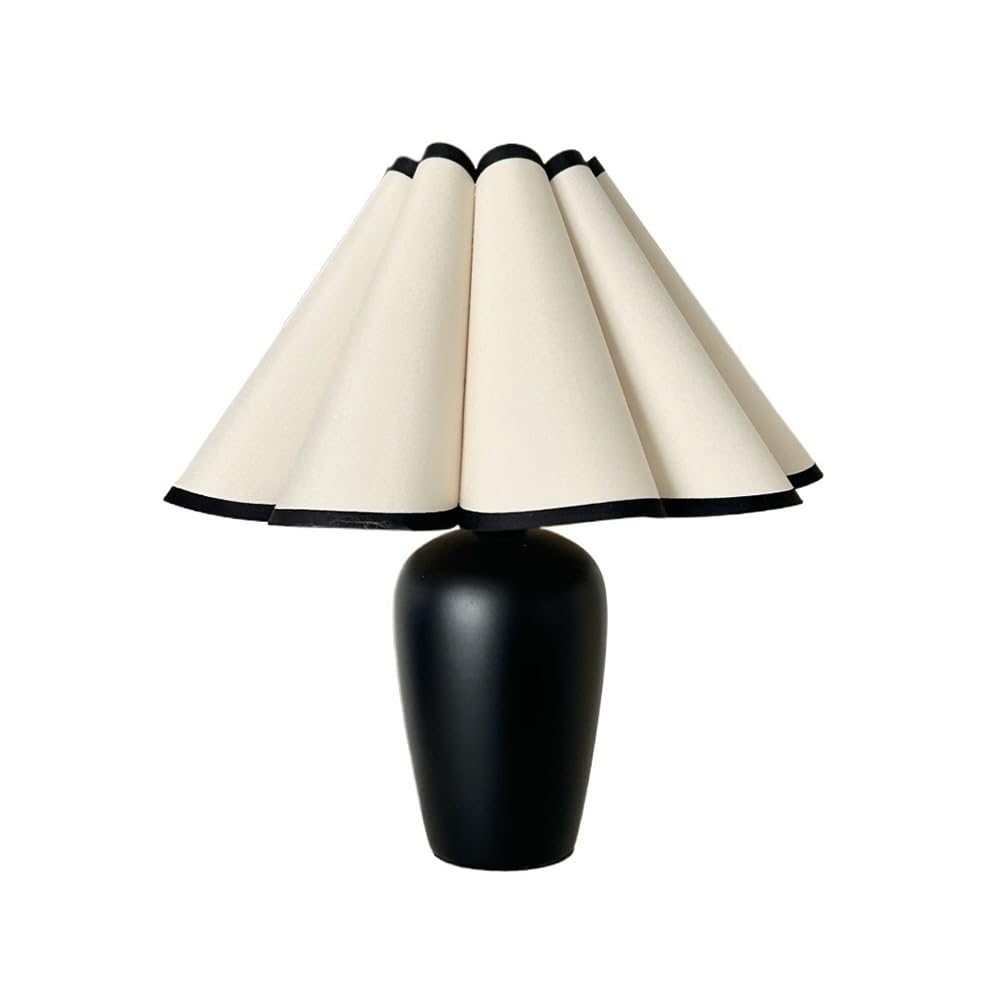 Affascinante Lampada da tavolo vintage in stile rustico francese plissettato, lampada da comodino for camera da letto, soggiorno, paralume in tessuto a LED Arredamento per la casa(Nero)