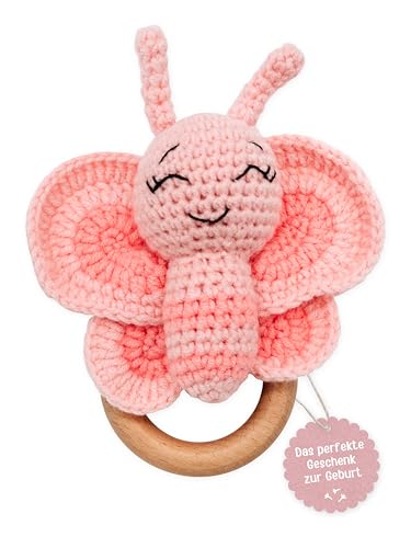 wunderwunsch - Personalisierter Beißring Baby - Niedlicher Greifling für Baby's ab 0 Monate - Babyrassel mit Name als Baby Geschenk für Mädchen und Jungen (Schmetterling, mit Name)