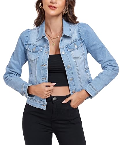 Anienaya Women's Jean Jacket Cropped Denim Jackets Stretchy Puff Long Sleeve Ripped with Pockets