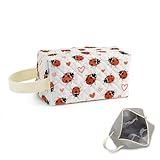 SuoSycorax Ladybugs Printed Quilted Makeup Pouch for Women - Velvety Polyester Cosmetic Organizer w/Triple Compartments, Travel & Makeup Brush Holder