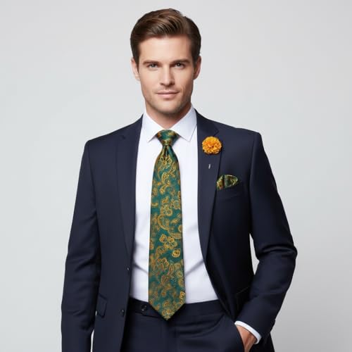 Image of 5PCS Tie and Pocket Square for Men, Silk Necktie and Handkerchief Cufflinks with Gold Ring and Lapel Pin Set