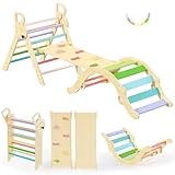 BlueWood Pikler Triangle Set, Toddler Wooden Climbing Toys Indoor 7in1 Foldable Climber for Kids, Montessori Philosophy Play Jungle Gym with Arch, Ramp, Ladder (Colorful Spring)