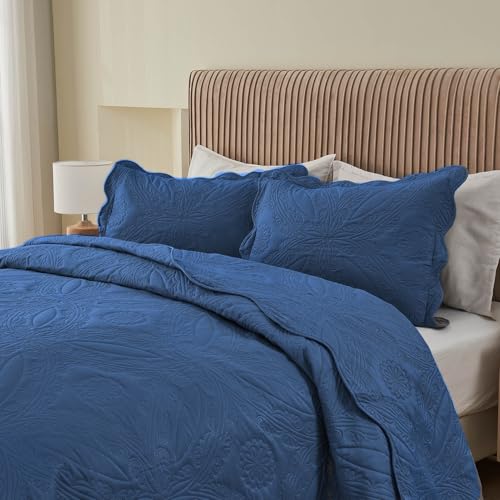 Image of Kingnex Oversized King Bedspreads 128x120 for Extra Wide Tall King or Cal King Bed Ultrasonic Quilted Coverlet Set 3 Piece Include 1 Quilt 2 Pillowcases Navy