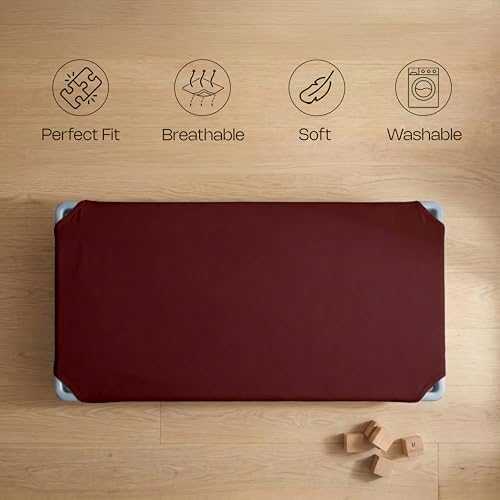 Image of Pack of 6 Cot Sheet for Daycare Preschool Cot Bed -Polyblend Fabric with Corner Elastic Cots Sheets Fits On 22 inch X 40 inch Inches Size Toddler and Preschool Daycare Cot Burgundy 22 X 40 Size
