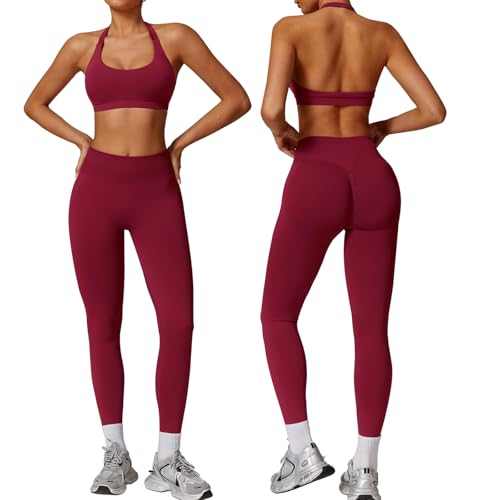 Gym Sets for Women 2 Piece Halter Backless Sports Bras Hidden Scr...