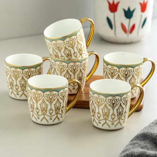 Image of Clay Craft Fine Ceramic Tea & Coffee Cups Set with Gold Detailing| 210 Ml Elegant Designer Cups for Home & Gifting | Premium Finish| Classic Pattern| Comfortable Handle