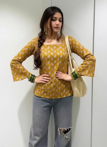 Image of ANNI Designer Women's Viscose Blend Printed Short Kurti | Straight Fit Casual Ethnic Top | Square Neck Full Sleeve Kurta Office College