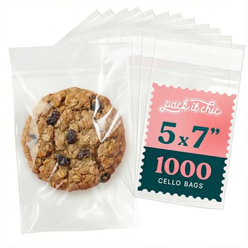 5 X 7 Self Sealing Cellophane Bags (1000 Pack) - Clear Cookie Bags With Seal for Baked Goods Packaging Cookie Wrappers Bakery Packaging Bake Sale Candy Treats Goodies Gifts Party Favors