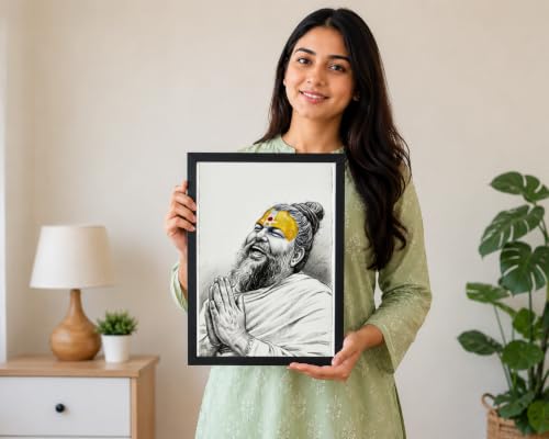 Image of Premanand Ji Maharaj Wall Painting with Frame | Black & White Spiritual Sketch Art | Radhe Radhe Devotional Wall Decor for Living Room, Temple, Office & Meditation Room