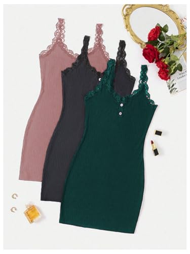 Image of SOLY HUX Women's 3 Packs Nightgowns Soft Sexy Lace Trim Sleep Dress Chemise Pajamas Sleepwear Cami Mini Slip Dresses
