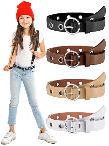 Bencailor 4 Pcs Kids Leather Belts Girls Skinny Belt Faux Leather Jeans with O Ring Buckles for 6-12 Years Girls, 4 Colors(For Waist Size 22