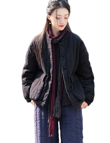 Ystylee Women's Linen Quilted Jackets Long Sleeve Warm Winter Handmade Knot Button Up Coat with Pockets