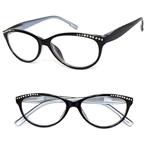 Womens Retro Cat Eye Rhinestones Reading Glasses Clear Lens Spring Hinges (Black(Silver Inside), 1.25)