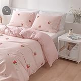 Pink Strawberry Bedding Duvet Cover Queen Kids Girl Kawaii Anime Bedding Set Japanese Style Strawberry Comforter Cover for Child Teen Women Cartoon Strawberry Duvet Cover with 2 Pillowcases