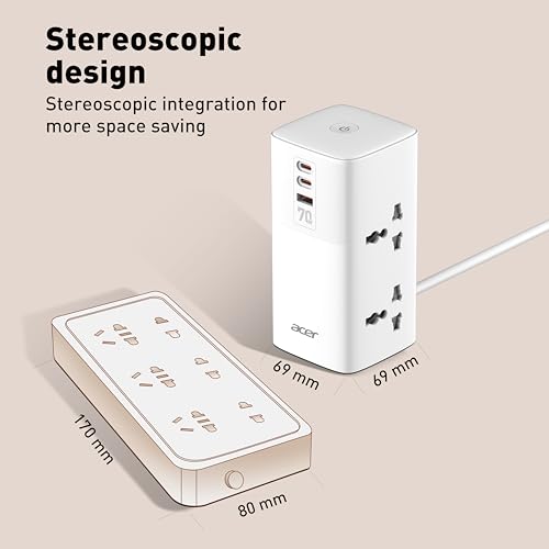 Image of Acer PowerHub Tower | AC Socket + 4 USB Ports (2 Type-C PD + 2 Type-A) | 70W Fast Charging, 2500W Output | Desktop Power Adapter | Surge Protection | Travel Ready | Overload Protection