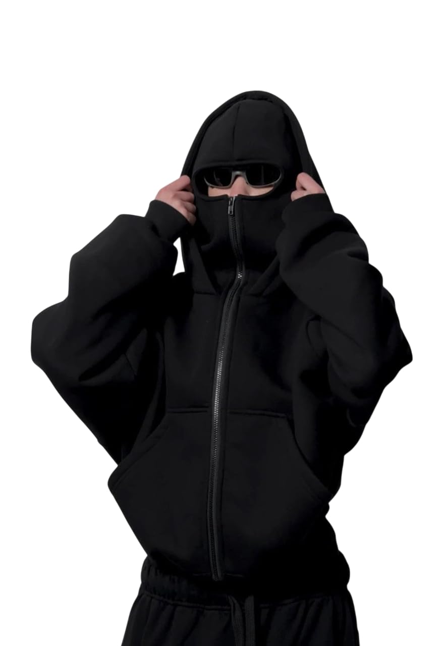 Unisex Solid Black Balaclava Hoodie with Face Cover | Full Sleeve Zip-Up Winter Sweatshirt |Travel & Casual Wear Hoodie for Men & Women